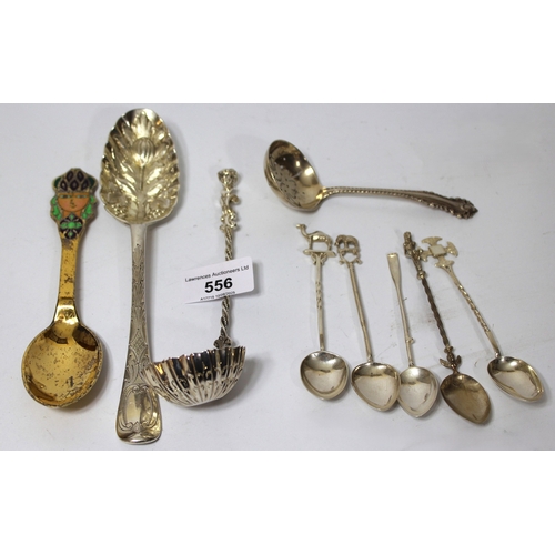 556 - Danish sterling silver gilded and enamel decorated spoon by A. Michelsen, 18th Century berry spoon w... 