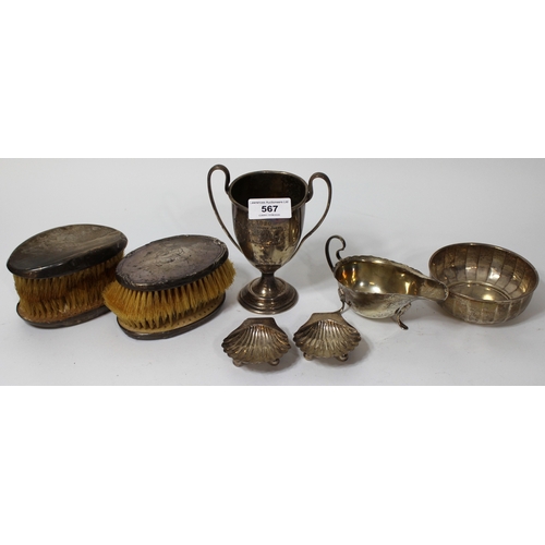 567 - Silver two handled trophy cup, pair of silver salts, sauce boat and a small bowl, 11.8oz t, together... 
