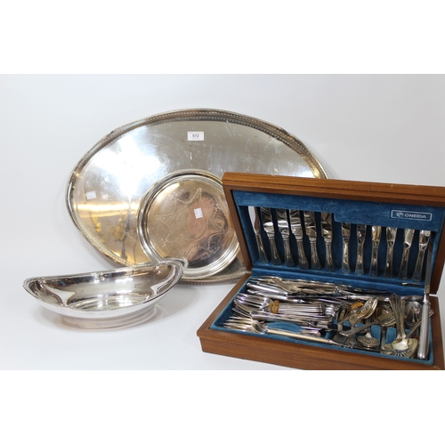 572 - Oval silver plated on copper galleried tray, plated salver, an oval dish and a canteen of plated cut... 