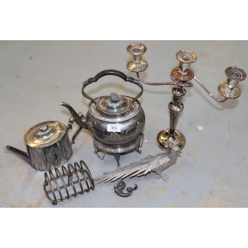 573 - Silver plated spirit kettle on stand, together with a quantity of other silver plated items
