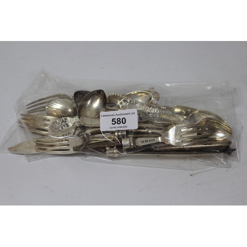 580 - Quantity of silver tea and coffee spoons, 7.5oz t, together with a quantity of silver knife and fork... 