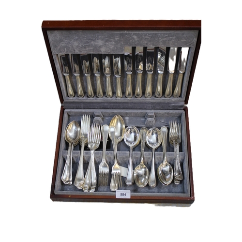 584 - Cased six place setting canteen of silver plated bead pattern cutlery, together with a horn handled ... 