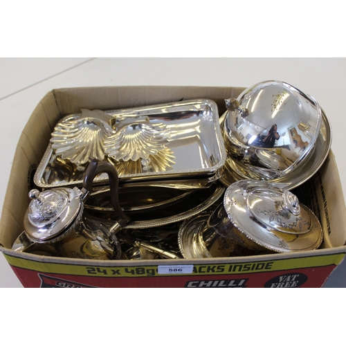 586 - Box containing a quantity of various silver plated items including entrée dishes, engraved biscuit b... 