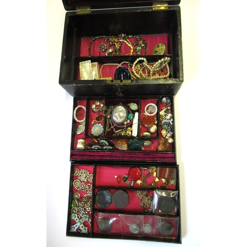 596 - Victorian leather jewellery box containing a quantity of Victorian and later jewellery, coinage etc.