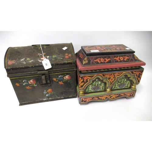 80 - Small 19th Century toleware dome topped trunk painted with flowers, together with a Moroccan hand pa... 