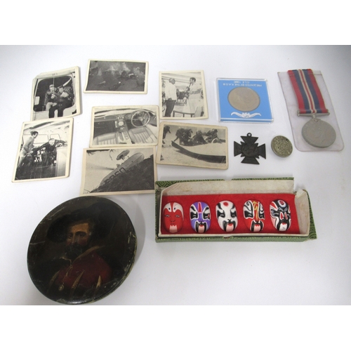 87 - 19th Century circular papier mache snuff box painted with a portrait (at fault), two medals, Long Se... 