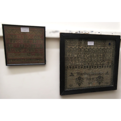 107 - Group of four various 19th Century woolwork samplers, all framed