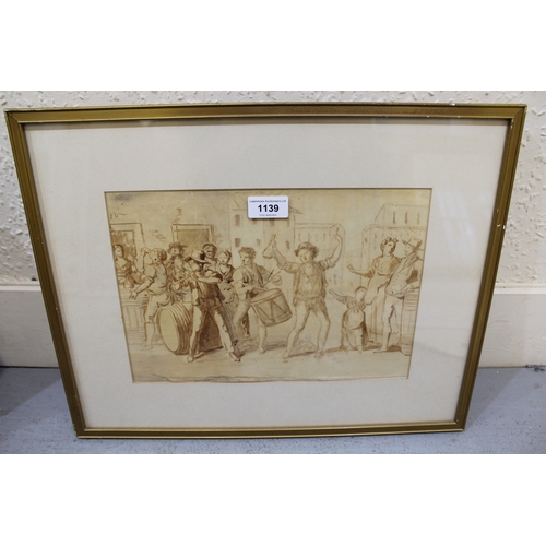1139 - 18th / 19th Century sepia watercolour, revellers in a street, 22 x 31cm