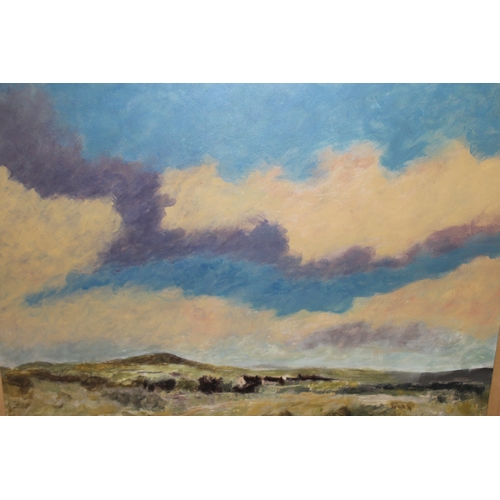 1140 - Oil on board, open Norfolk landscape with farm houses in the manner of Edward Seago, trace of a sign... 