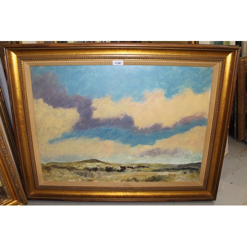 1140 - Oil on board, open Norfolk landscape with farm houses in the manner of Edward Seago, trace of a sign... 