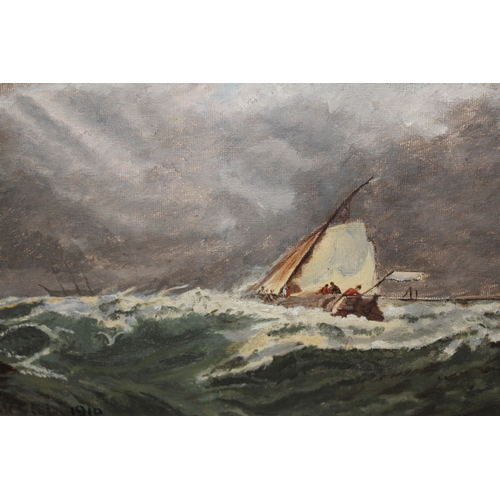 1141 - N. Keith Fennell RMS, oil on millboard, fishing smack off the coast, signed, 19 x 38cm