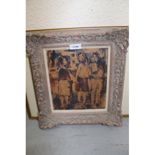 1145 - Attributed to Andre Petroff, mid 20th Century mixed media painting, study of three girls in a street... 