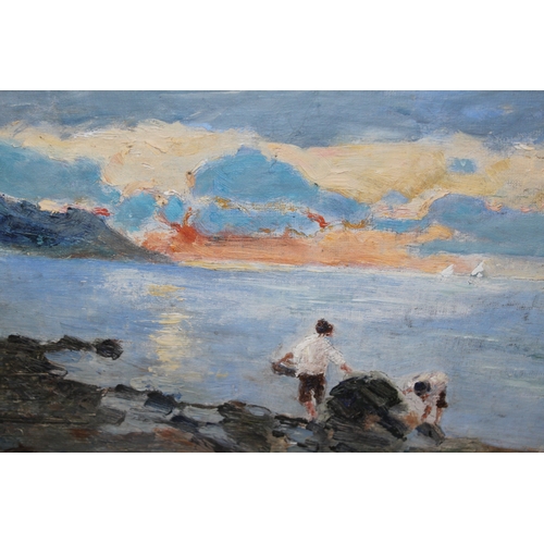 1146 - Early 20th Century oil painting, coastal sunset with two boys at the waters edge, 18 x 26cm