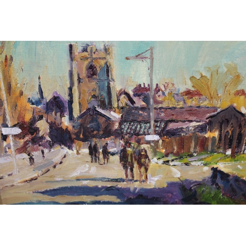 1147 - Keith Gardner RCA, oil on board, street scene with figures and horse, signed, 25 x 30cm