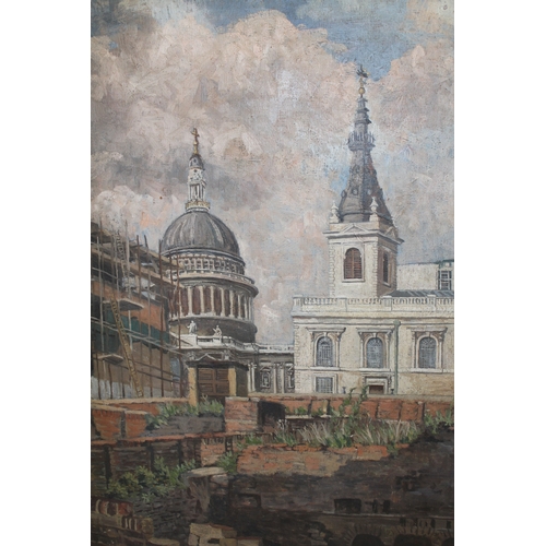 1148 - Two unframed oils, view of St. Paul's, signed P. Willis and study of figures in a bomb damaged stree... 