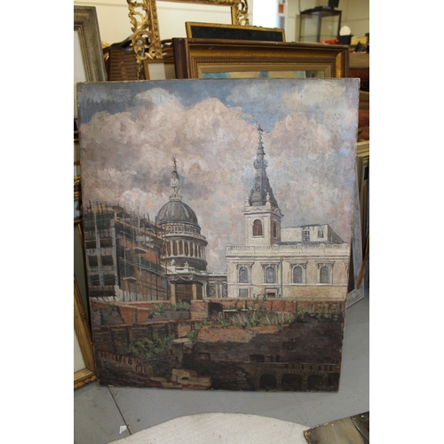 1148 - Two unframed oils, view of St. Paul's, signed P. Willis and study of figures in a bomb damaged stree... 