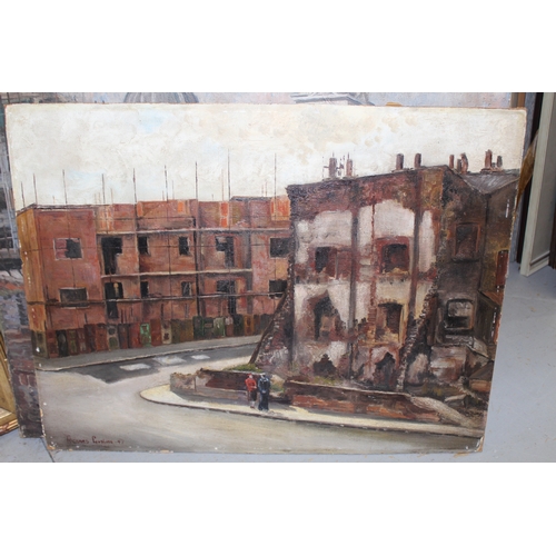 1148 - Two unframed oils, view of St. Paul's, signed P. Willis and study of figures in a bomb damaged stree... 