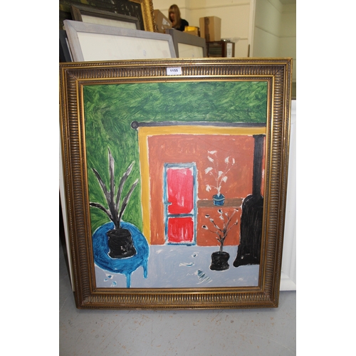 1155 - Modern British School, oil on canvas, board, interior scene with red door, 60 x 50cm