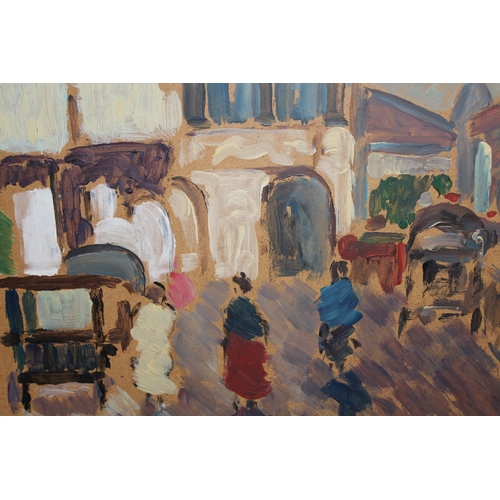 1157 - Scottish School, oil on board, street scene with figures and carriages, 30 x 40cm