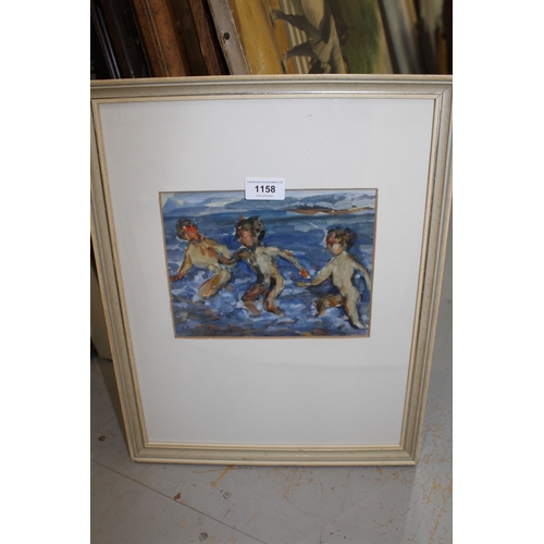 1158 - Gouache painting, study of children playing in shallow waters, indistinctly signed, 16 x 21cm