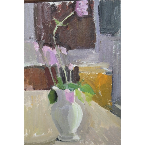 1163 - Follower of Winfred Nicholson, oil on card, study of pink flowers in a grey vase, 41 x 31cm