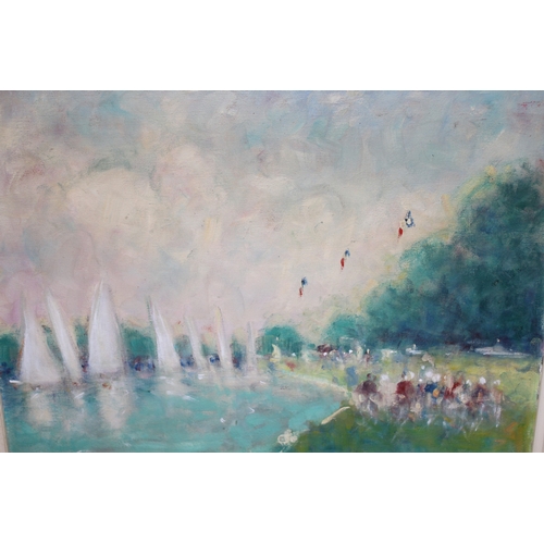 1164 - Paul Beauvais, oil on board, Impressionist style study of a regatta on a river, signed, 45 x 60cm