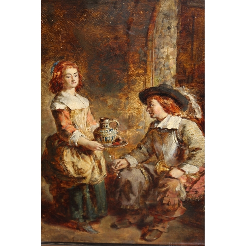 1166 - Circle of Sir David Wilkie, antique oil on canvas, study of a maid serving wine to a cavalier bugler... 