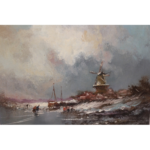 1167 - Jean Van Dongen, oil on panel, figures skating on a frozen Dutch canal, signed, 30 x 40cm housed in ... 