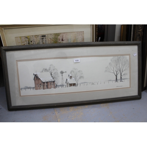 1174 - Watercolour, farmstead in a snowy landscape, signed Greghagen, 21 x 72cm, framed