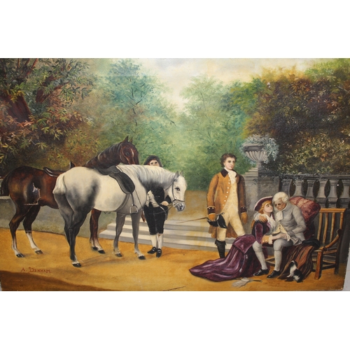 1180 - A. Denham, oil on canvas, 18th Century figures with horses by steps to a park, signed, 51 x 75cm, un... 
