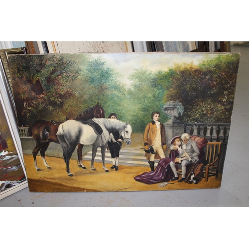 1180 - A. Denham, oil on canvas, 18th Century figures with horses by steps to a park, signed, 51 x 75cm, un... 