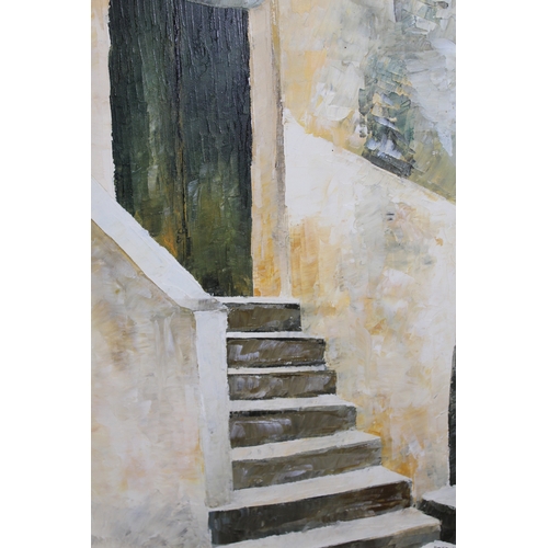 1181 - Nazario Fusco, oil on canvas, steps outside a building, signed, 38 x 28cm, gilt framed