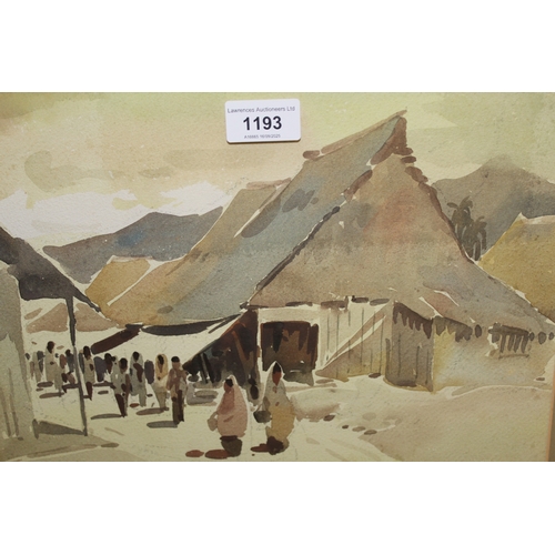 1193 - Pair of watercolour, Eastern village scenes with figures, signed Munson, 1945, 23 x 33cm, framed