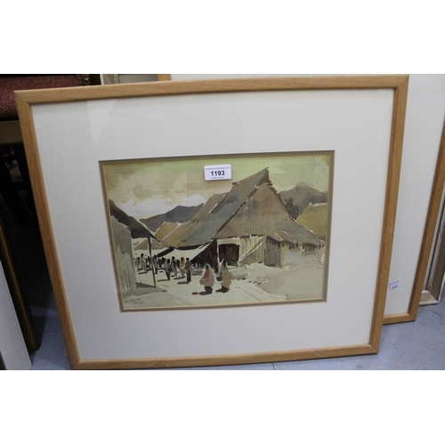 1193 - Pair of watercolour, Eastern village scenes with figures, signed Munson, 1945, 23 x 33cm, framed