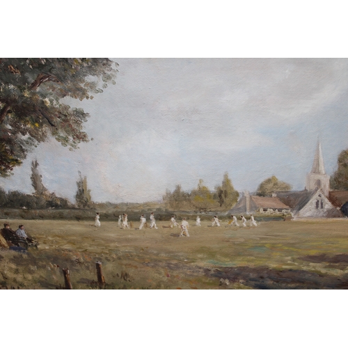 1194 - Oil on board, cricket match on the village green, signed with initials G.E., 35 x 55cm, framed