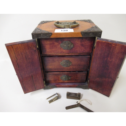 120 - Small 20th Century Chinese hardwood jadeite and brass mounted two door table cabinet, 17.5cm high