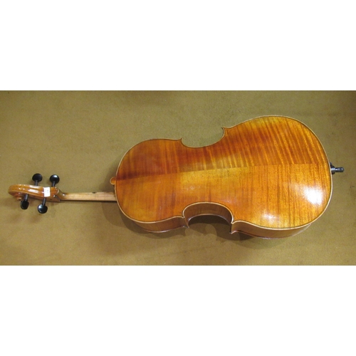 188 - Student's three quarter size cello, bearing a handwritten label ' Made by Gualang Wang ', in soft ca... 