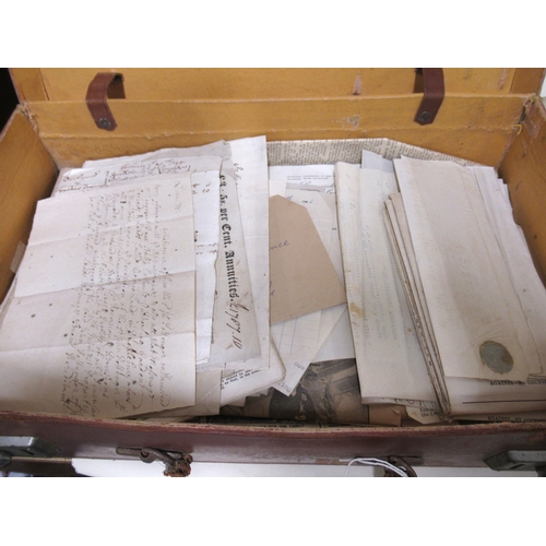 268 - Leather suitcase containing a large quantity of 19th Century insurance policies, stamp albums and ep... 