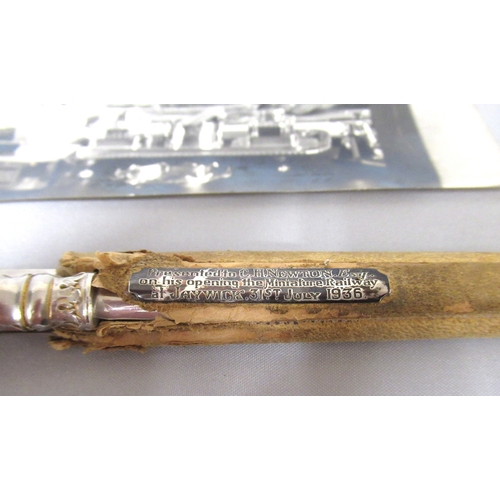 279 - Jaywick miniature presentation railway scissors and letter opener in leather case, with white metal ... 