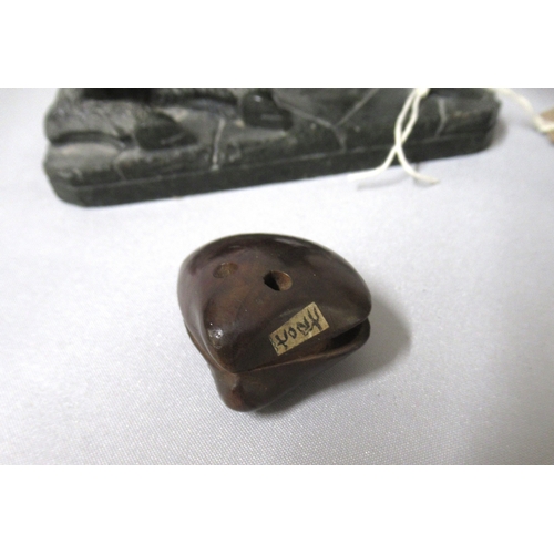 295 - Carved serpentine stone figure of a seated wild boar (chip to back), 13 x 15cm, small carved wooden ... 