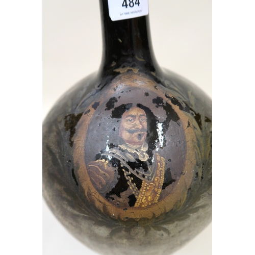 484 - Large antique Dutch green glass bottle painted with Royal portrait and various shipping, 40cm high