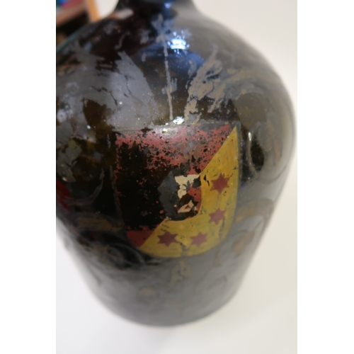 484 - Large antique Dutch green glass bottle painted with Royal portrait and various shipping, 40cm high