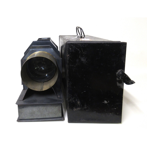 220 - Late 19th Century black Japanned and brass magic lantern in original tin case, together with a quant... 