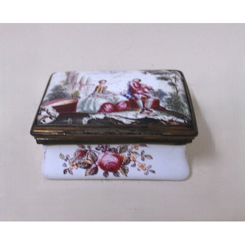228 - 18th Century Battersea / Bilston type rectangular enamel box with hinged cover painted with figures ... 