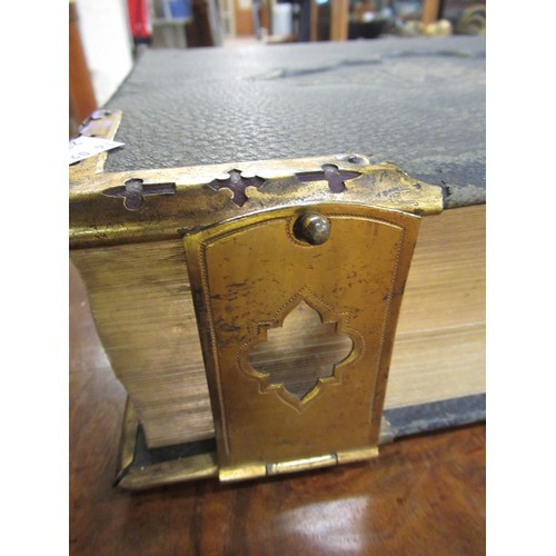 448 - Victorian leather bound family bible with gilt metal clasps and corner mounts
