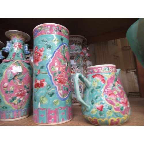 592 - Reproduction Chinese Canton enamel vase, another Japanese vase, three further smaller Chinese reprod... 