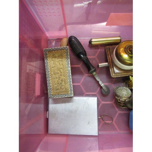 229 - Brass stamp box, small Christofle silver plated dish and a quantity of other miscellaneous items