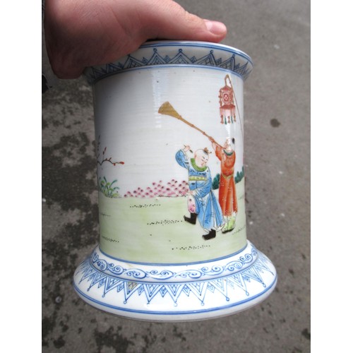 489 - Chinese cylindrical brush pot painted with figures in a landscape, signed with six character mark to... 