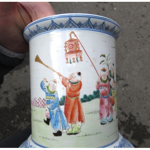 489 - Chinese cylindrical brush pot painted with figures in a landscape, signed with six character mark to... 