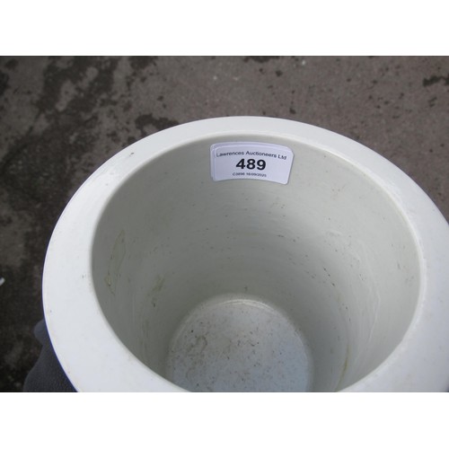 489 - Chinese cylindrical brush pot painted with figures in a landscape, signed with six character mark to... 